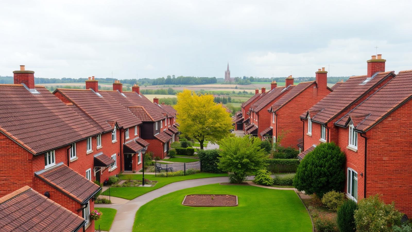 Brick homes with pantile roofs in Copmanthorpe with open Yorkshire fields beyond