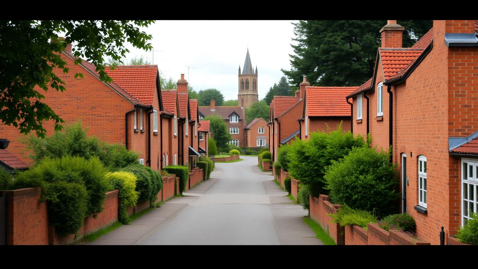 A quiet leafy lane in Dunnington village lined with brick cottages and pantile roofs
