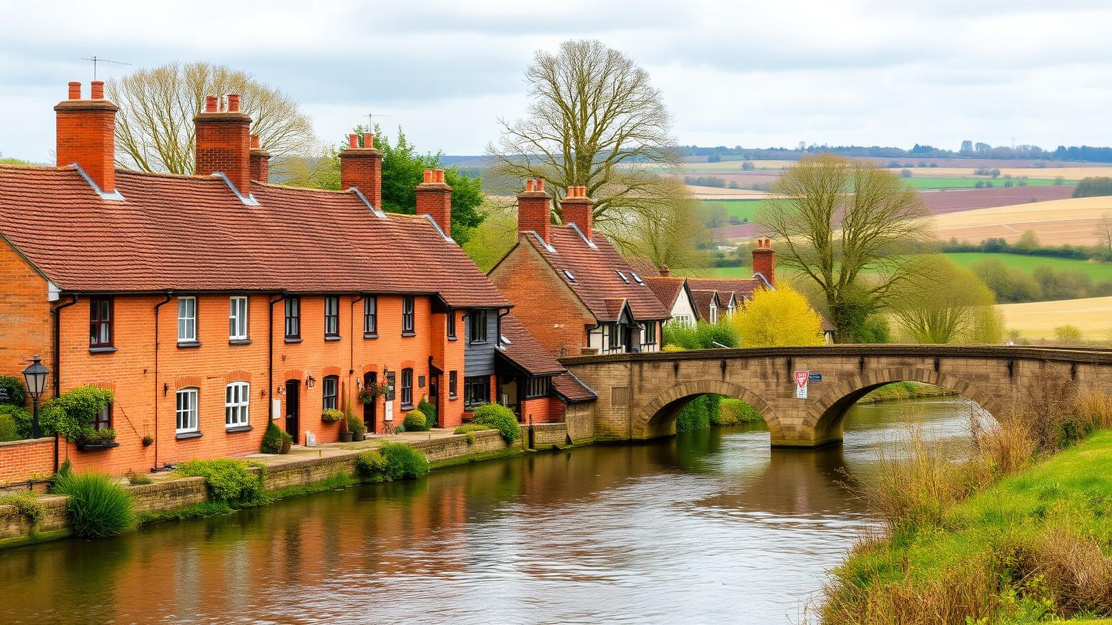 Brick cottages beside the River Derwent and a stone bridge in Elvington village