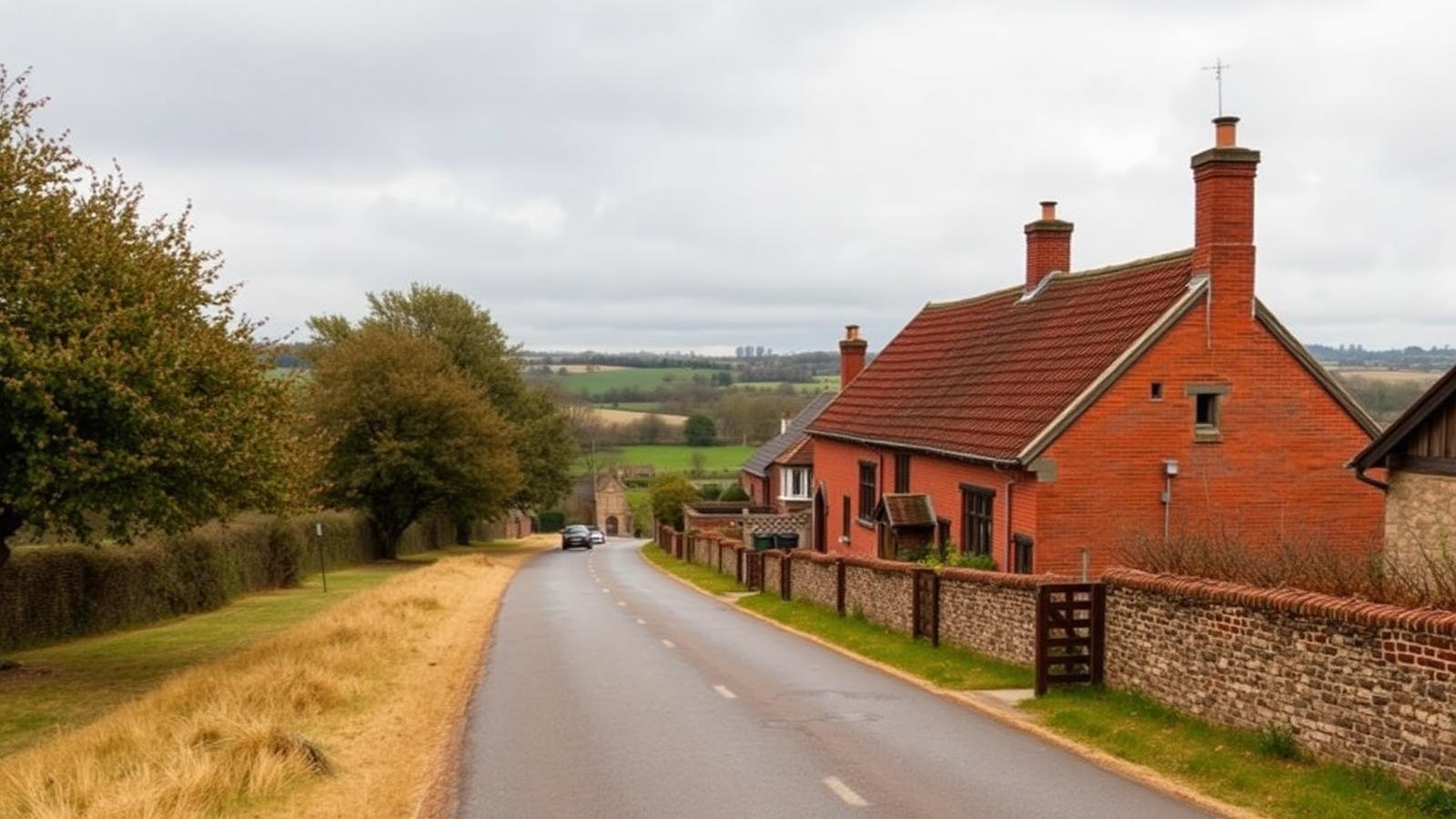 A tree-lined estate lane through Escrick village with brick cottages and open fields