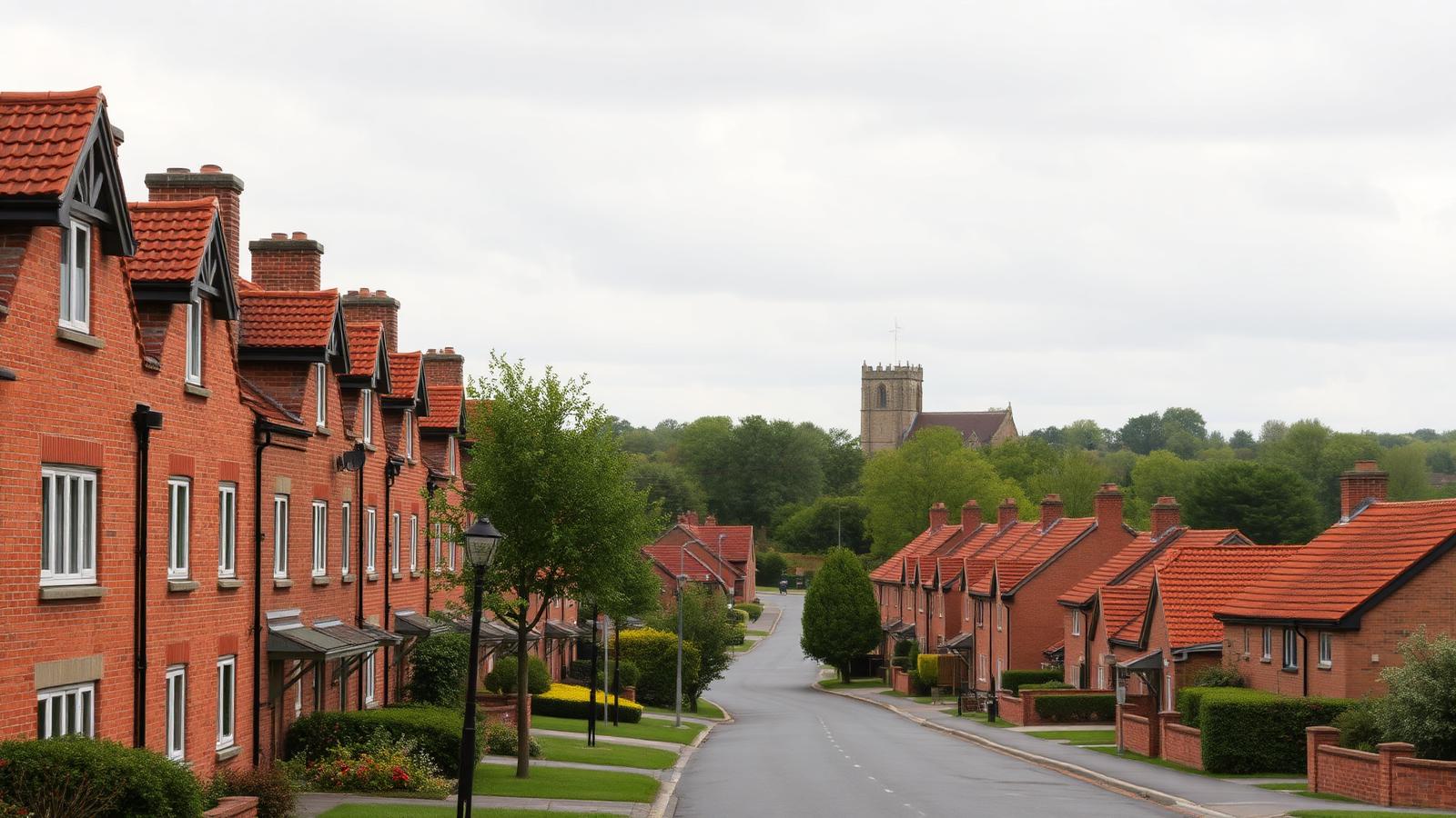 Rows of brick homes with red pantile rooftops along a tree-lined street in Haxby