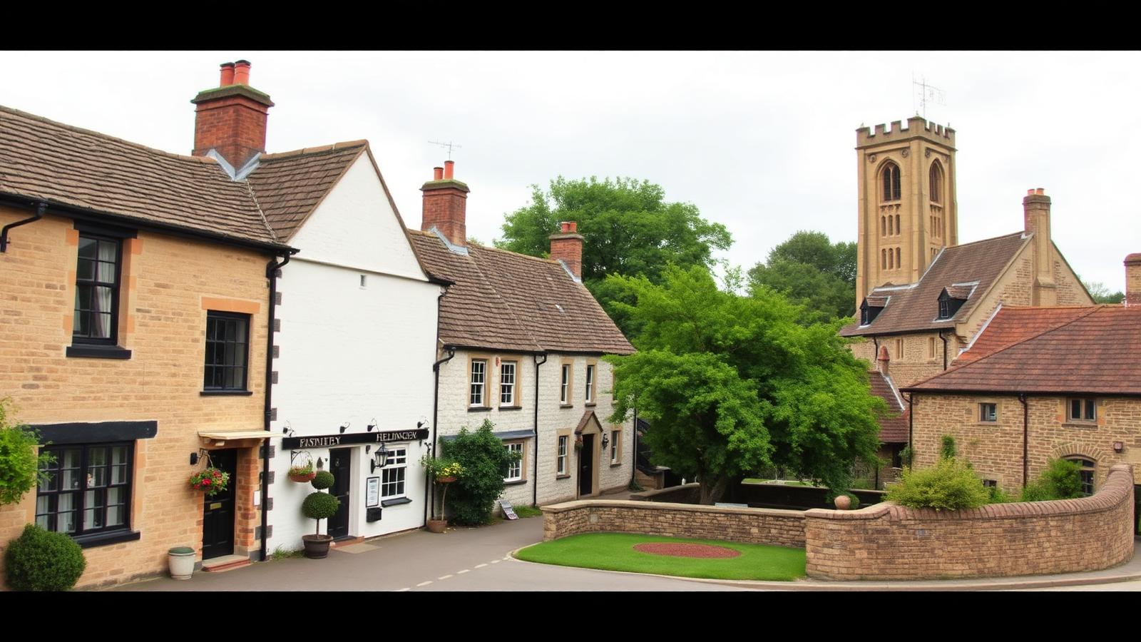 Historic stone cottages and pub around the green in Heslington village on the edge of York