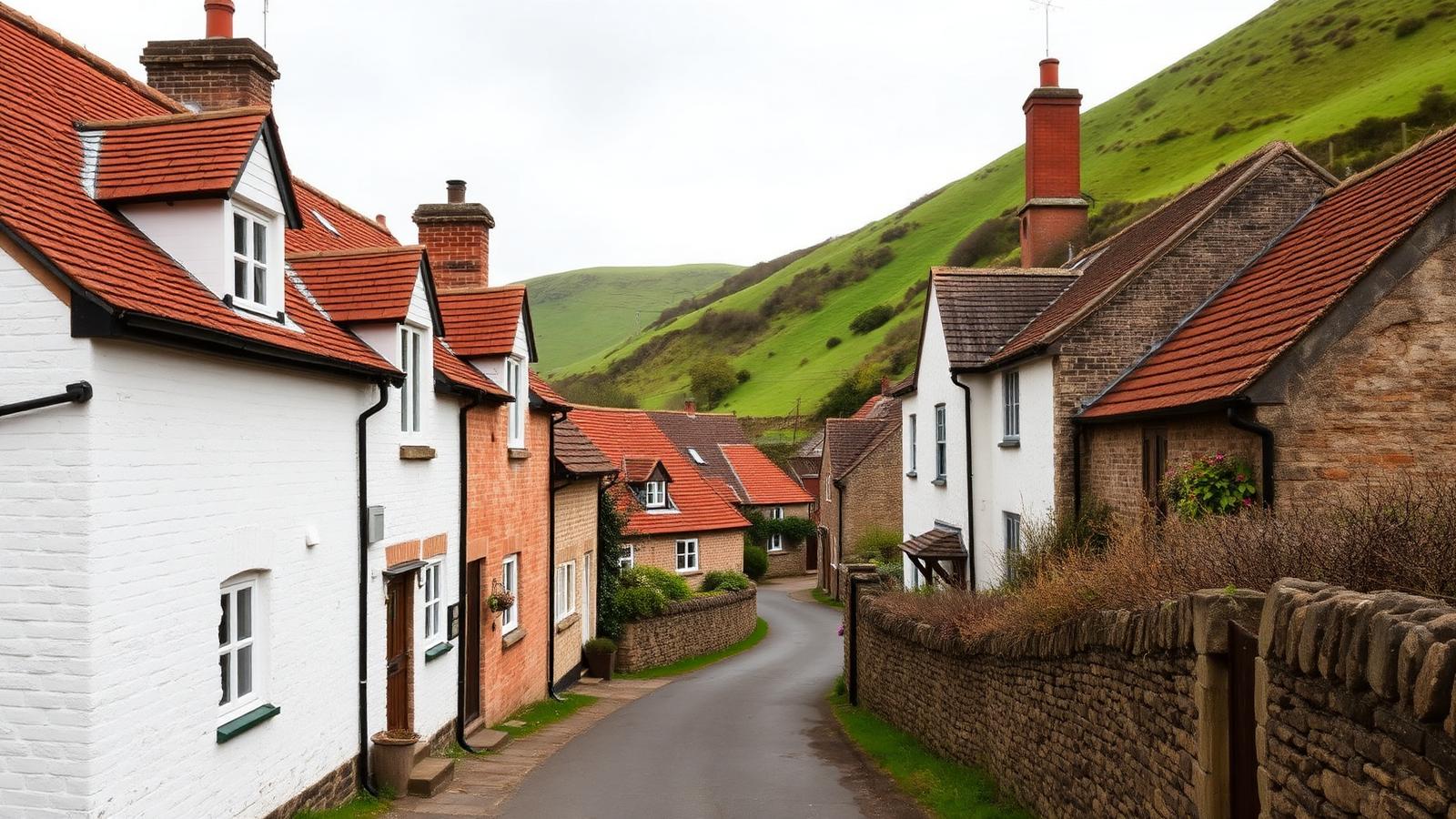 Whitewashed and brick cottages tucked in a green Wolds valley in Millington