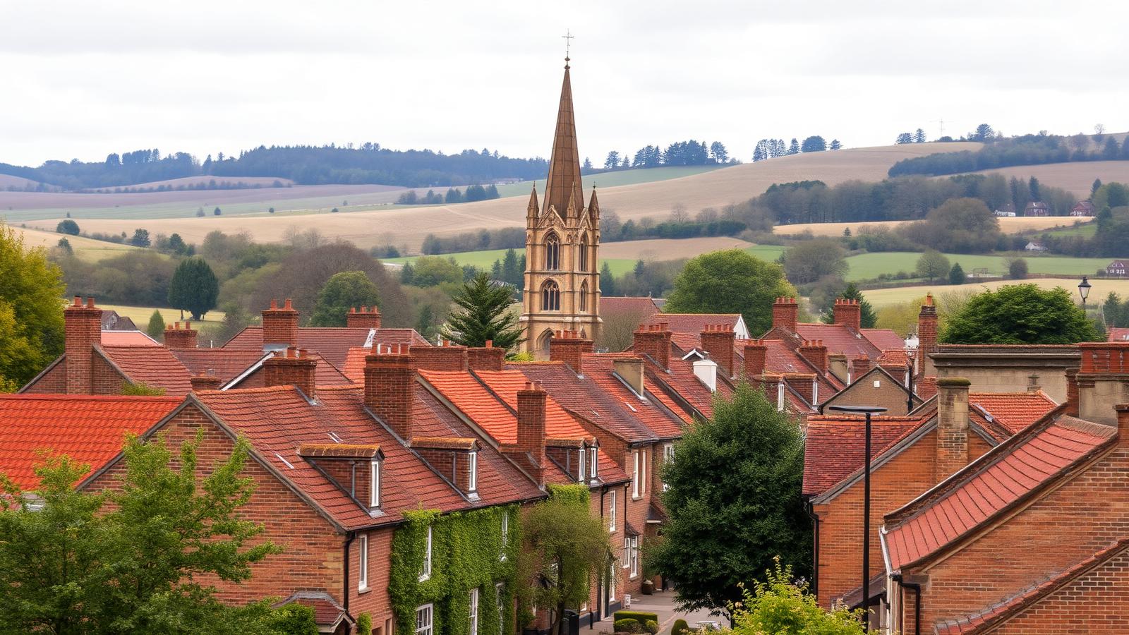 Pocklington rooftops beneath the church spire with the Yorkshire Wolds rising behind