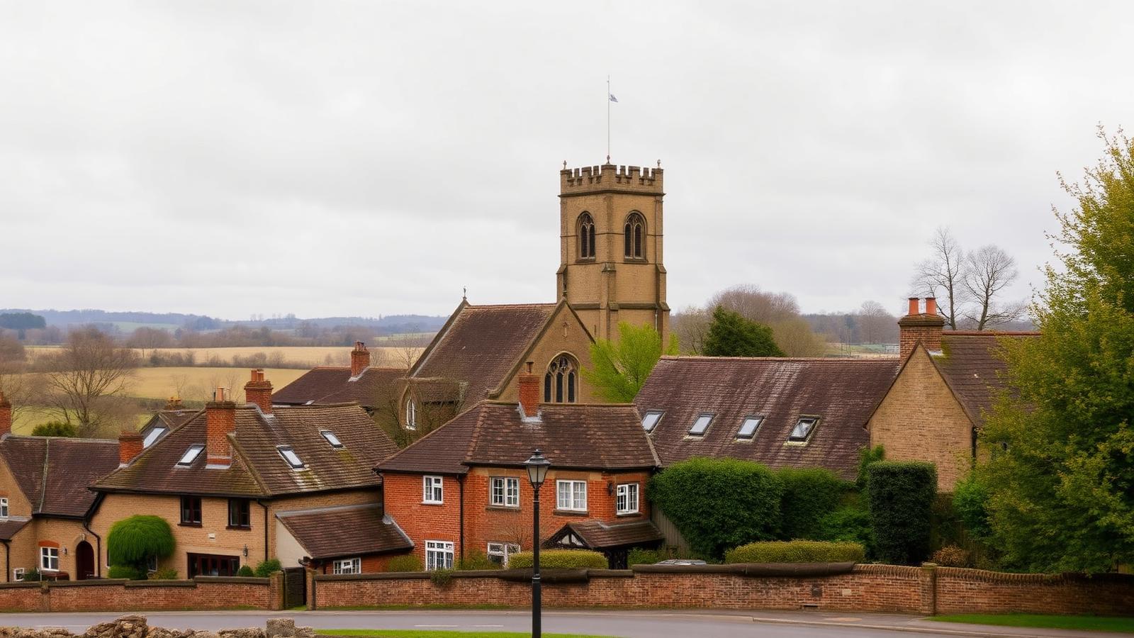 The stone church tower of Sherburn in Elmet above brick homes with slate and pantile roofs