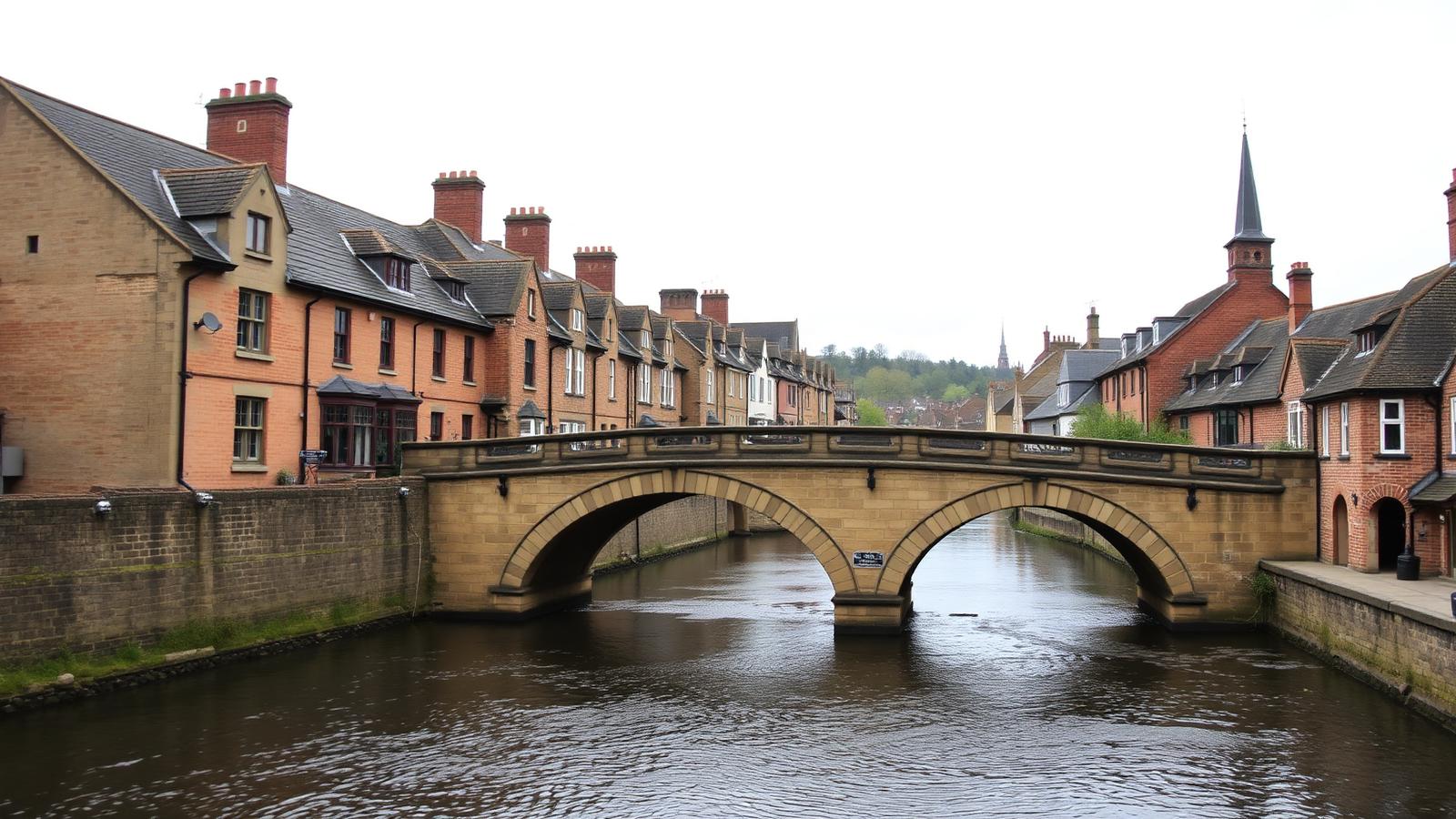 Tadcaster's stone arch bridge over the River Wharfe with brick townhouses and slate roofs