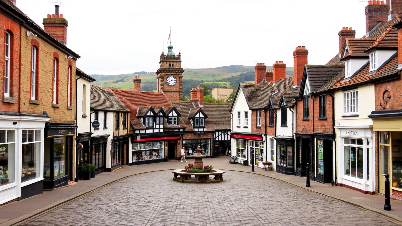 Thirsk market square with its clock tower and the North York Moors on the horizon